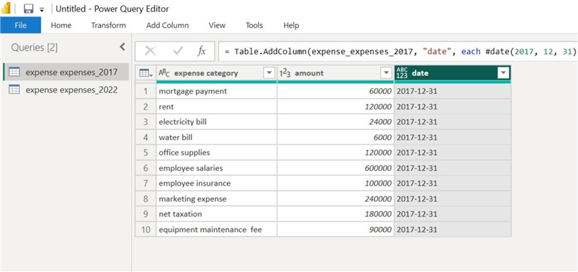 New date column in power query editor