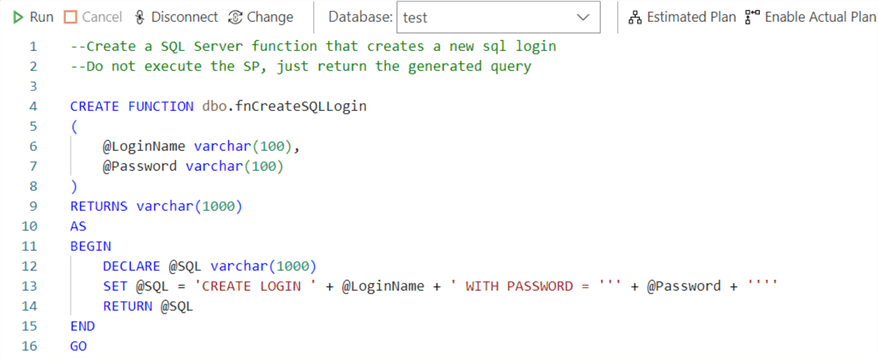 Request: Create a SQL Server function that creates a new sql login (2)