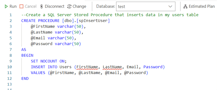 --Create a SQL Server Stored Procedure that inserts data in my users table