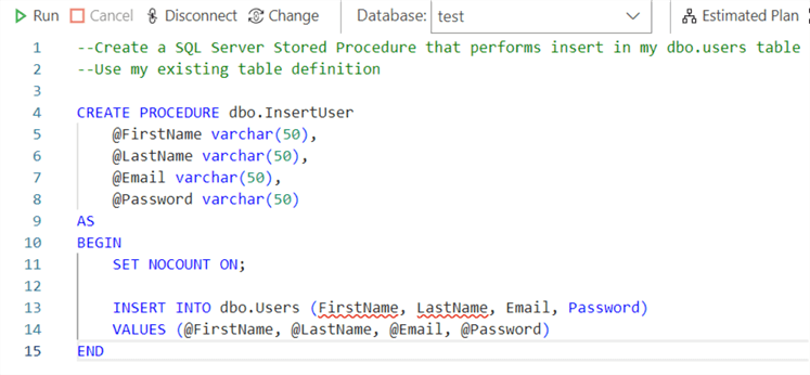 --Create a SQL Server Stored Procedure that performs insert in my dbo.users table