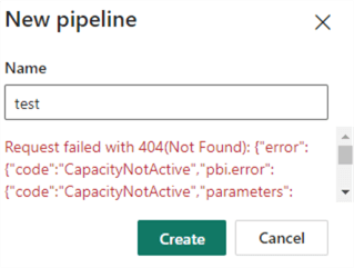 error creating pipeline since capacity is paused