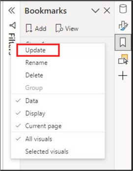 Image showing how to update a bookmark view in Power BI