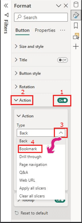 Image showing how to configure the Action section in Power BI format pane