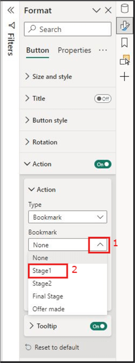 Image showing how to configure the Action section in Power BI format pane 2