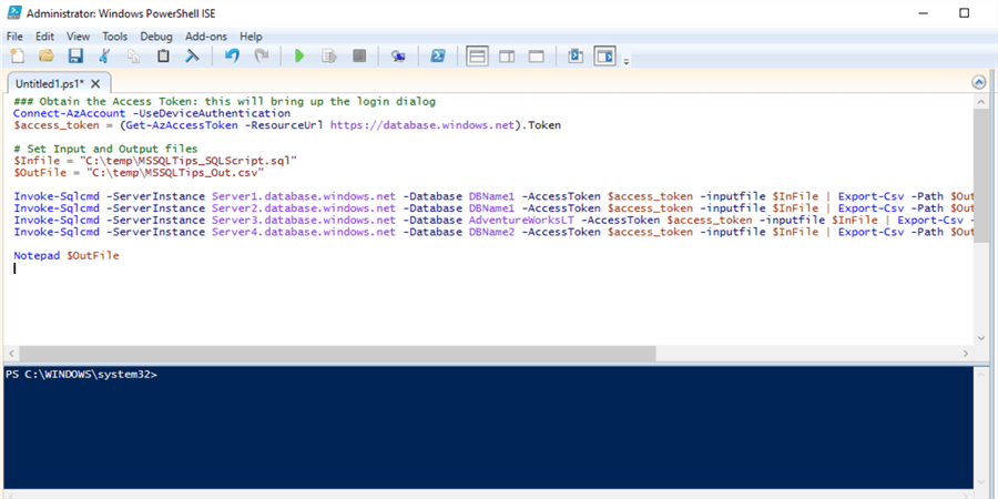 PowerShell ISE editor with script