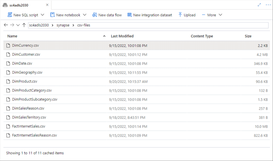 synapse serverless - sql database - showing all csv files