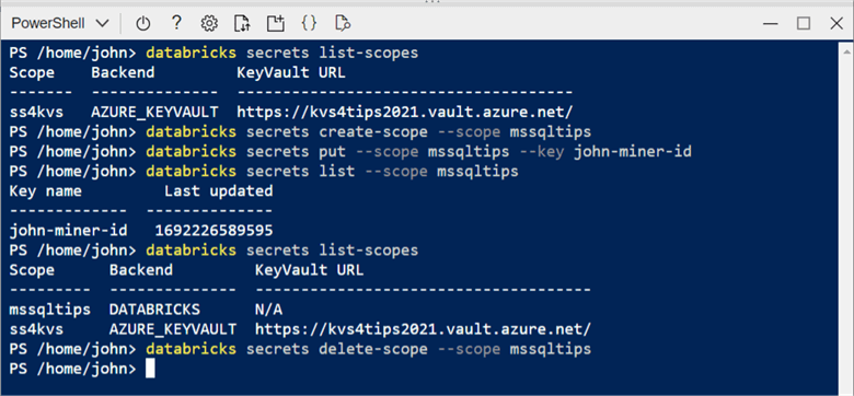 Databricks CLI - create, add, and delete local secret scope