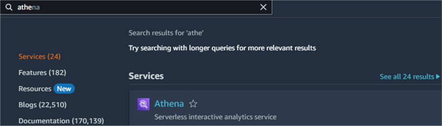search for Athena from services page