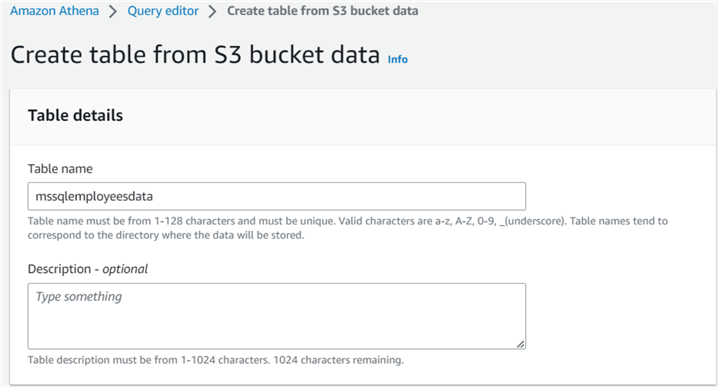 Create table from the S3 bucket data page