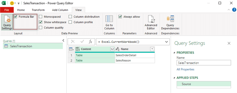 Figure 1 Show and hide the Formula Bar in the Power Query Editor