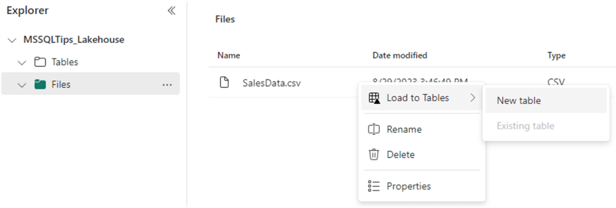 load csv file to new table