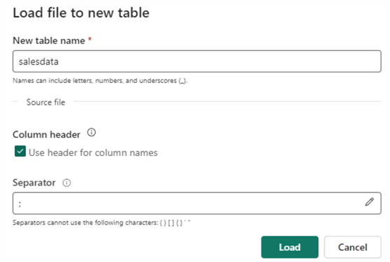 provide table name and loading options