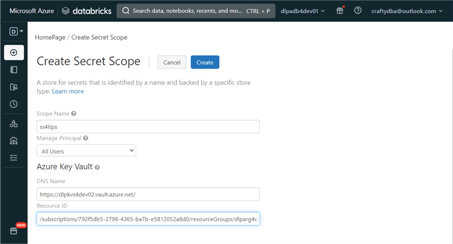 Deploy + Configure Delta Lakehouse - create secret scope with filled in boxes