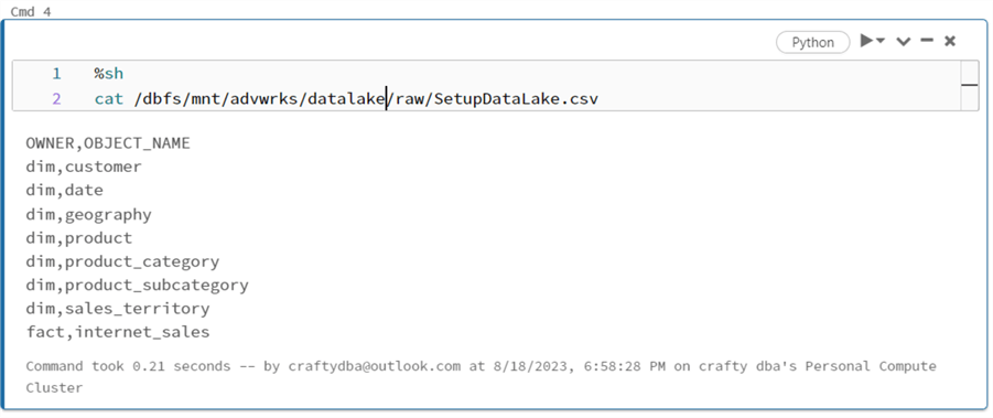 Deploy + Configure Delta Lakehouse - cat contents of control file