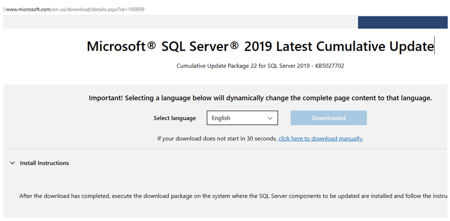 latest cumulative update for SQL Server 2019 