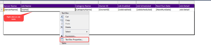Job name text box properties