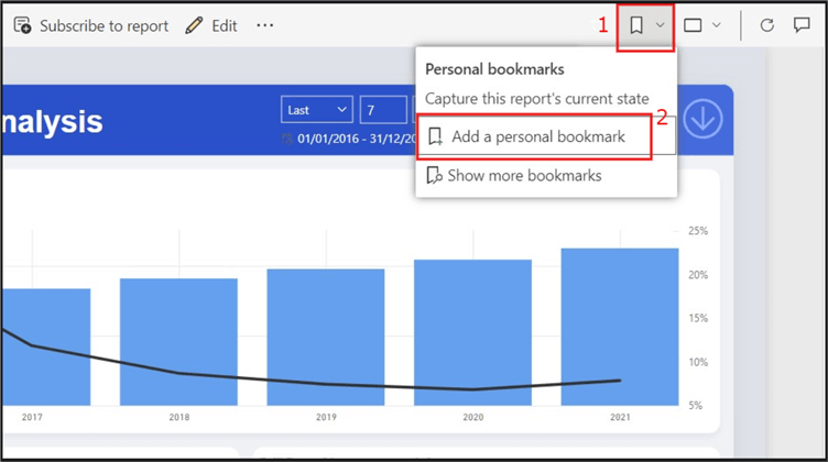 Screenshot showing how to add a bookmark to a report page in Power BI service