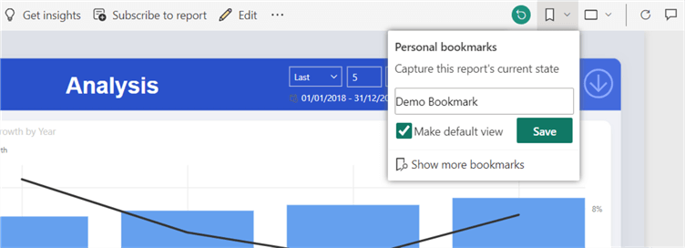 Screenshot showing how to add a bookmark to a report page in Power BI service 2