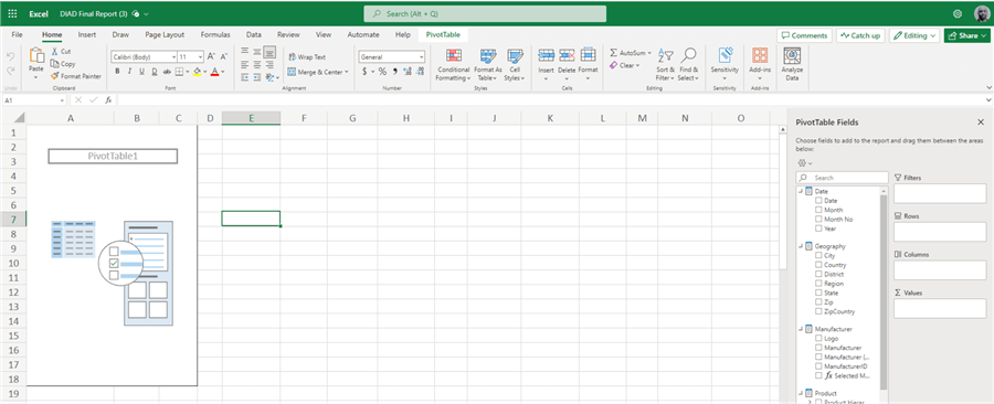 Screenshot of Pivot Table created from Export to Excel action in Power BI service