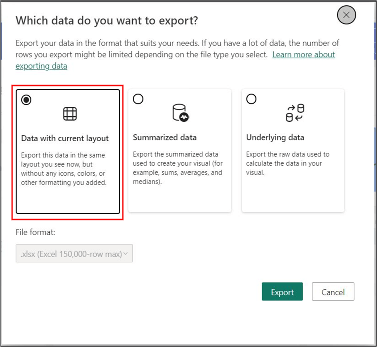 Screenshot showing how to export Power BI data to Excel using the Export data option 2