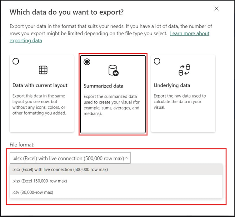 Screenshot showing how to export Power BI data to Excel using the Export data option 3