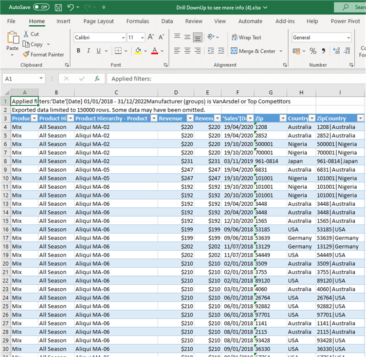 Screenshot showing exported data to excel 3
