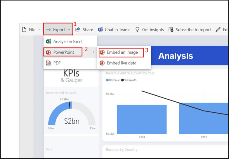 Screenshot showing how to export Power BI data to PowerPoint using the Embed an image option