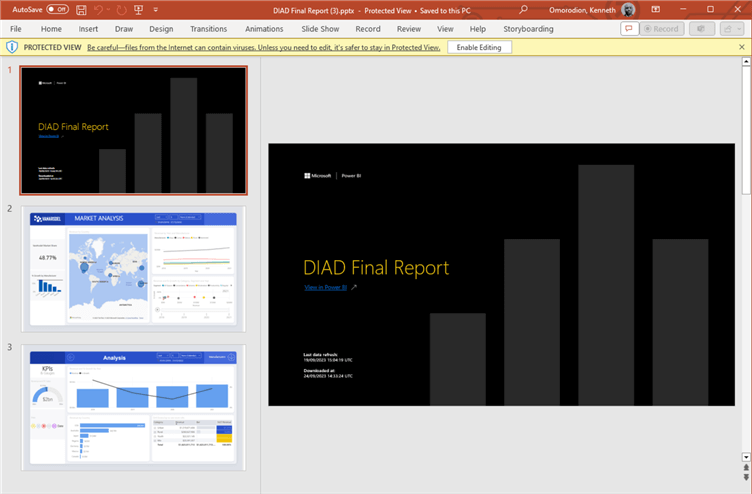 Screenshot showing Power BI report embedded in PowerPoint
