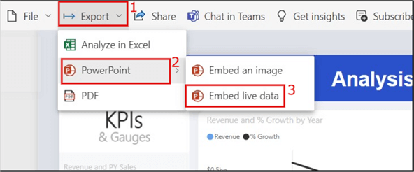 Screenshot showing how to export Power BI data to PowerPoint using the Embed live data option