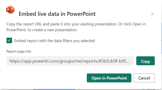 Screenshot showing how to export Power BI data to PowerPoint using the Embed live data option 2