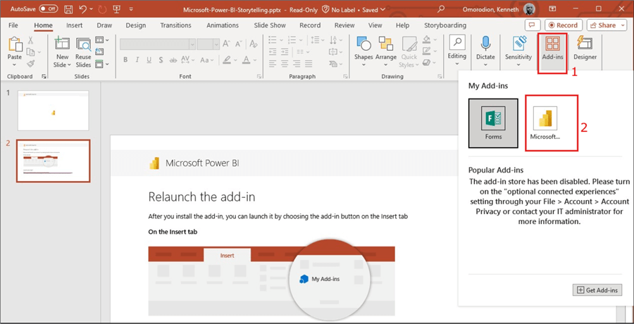 Screenshot showing how to export Power BI data to PowerPoint using the Embed live data option 4