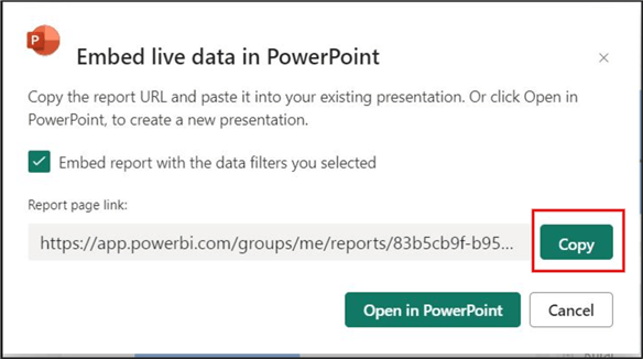 A screenshot of how to embed Power BI report to PowerPoint using the Report page link option