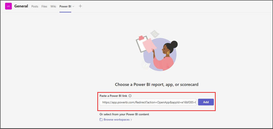 A screenshot of how to embed Power BI report to Teams using the App link 3