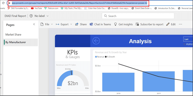 A screenshot of how to embed Power BI report to Teams using the Report page url link