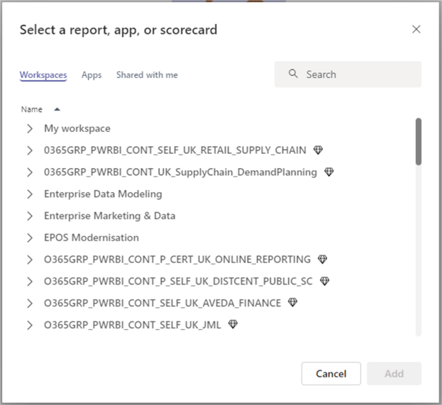 A screenshot of how to embed Power BI report to Teams using the Browse workspaces option 2