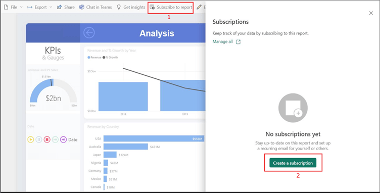 Screenshot showing how to subscribe to a report in Power BI service