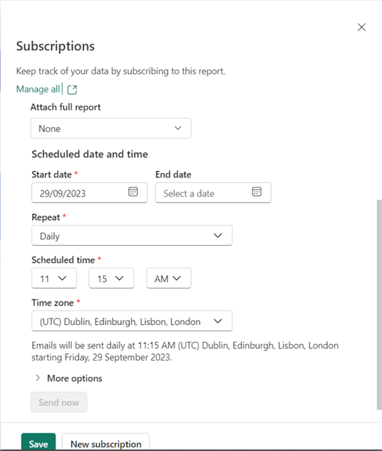 Screenshot showing how to subscribe to a report or dashboard in Power BI service