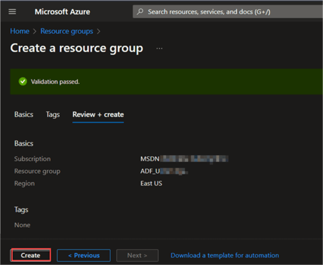 create a resource group-validation