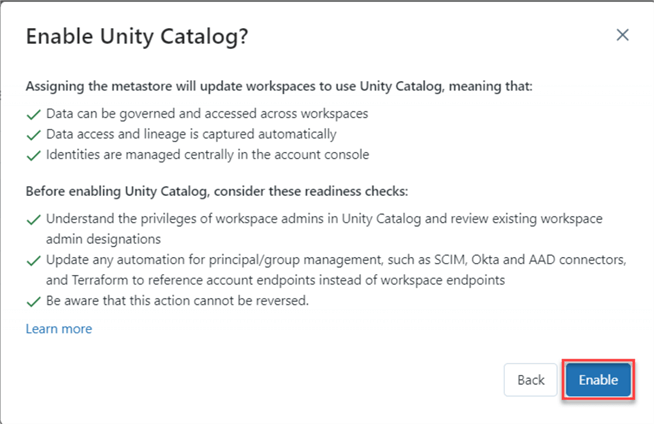 enable unity catalog