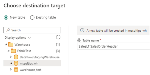 choose destination warehouse and table name
