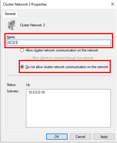 Cluster Network 3 Properties