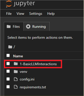 Selecting the 1-BasicLLMInteractions folder in the Jupyter UI