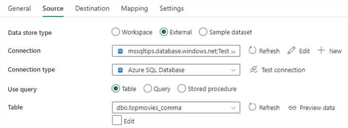 source connections in copy data activity