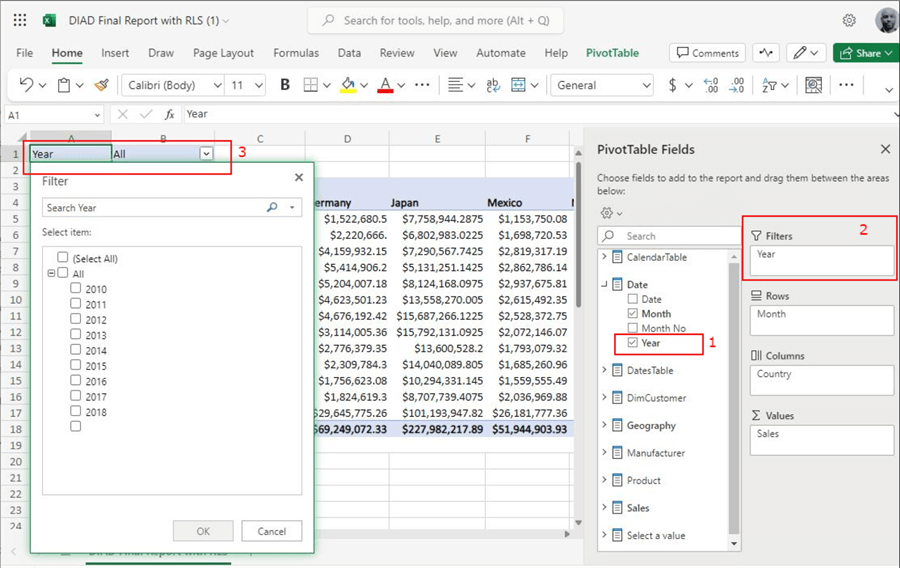 Snapshot showing how to add a filter to an Excel Pivot table.