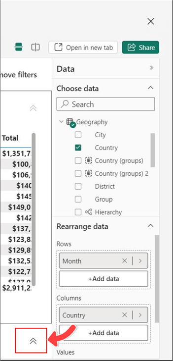 Snapshot showing how to expand the visualisations view in the Explore this data feature window in Power BI service.