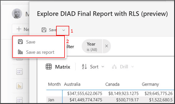 Snapshot showing how to save exploration in the Explore this data feature window in Power BI service.
