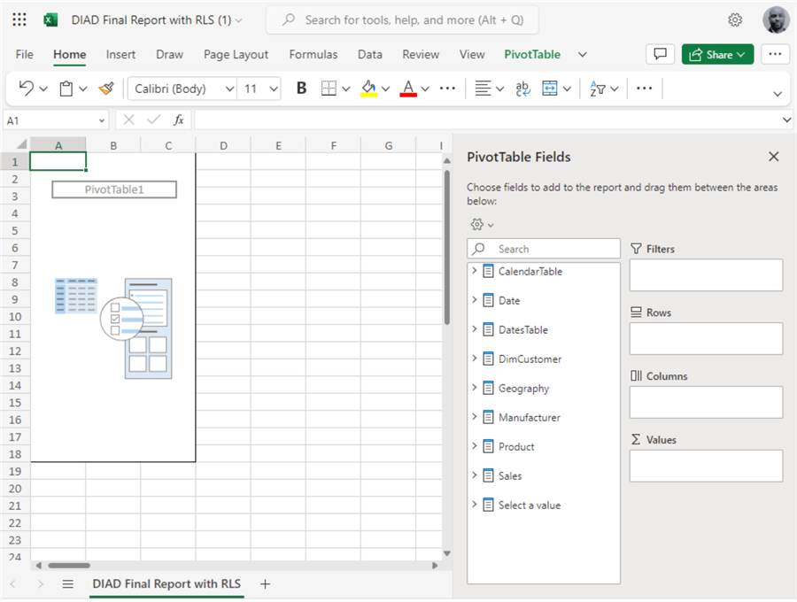 Snapshot showing Excel Pivot table window.
