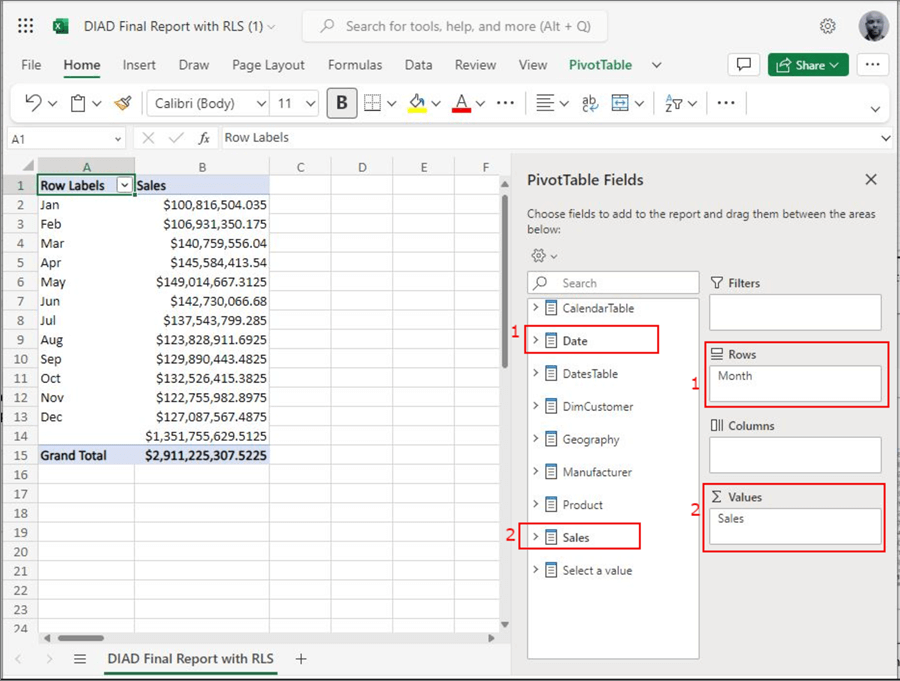 Snapshot showing how to use the Excel pivot table window.