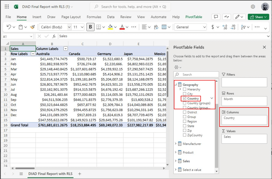 Snapshot showing how to use the Excel pivot table window 2