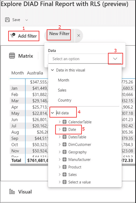 Snapshot showing how to add a filter to the Explore this data feature window in Power BI service.